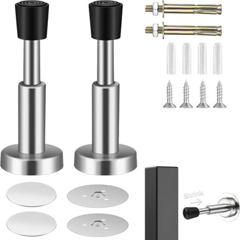 2 Ensembles Butée de Porte Réglable, Acier Inoxydable Arrêt de Porte Murale Avec tampon en Caoutchouc Fonctionnement Silencieux Extensible de 8,9 à 10,2 cm