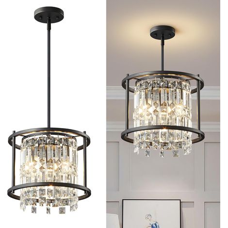 Éclairage de cuisine moderne - Suspension industrielle - En métal noir - Cristal - Utilisé pour couloir, entrée, chambre, balcon, îlot de cuisine (1 lumière ronde) (1/5)