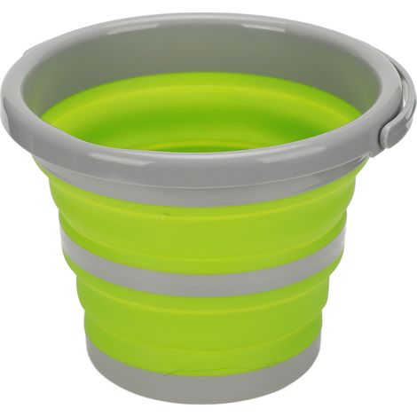 Seau pliable avec poignée portable, facile à suspendre, en silicone vert, pour voiture, camping, petit format. (1/5)
