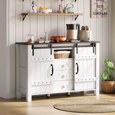 Buffet Cuisine 120 cm avec Portes coulissantes et 3 tiroirs, Table de Bar à café en Bois Rustique, Buffet Salle a Manger pour Cuisine Salon, Meuble de Rangement Blanc