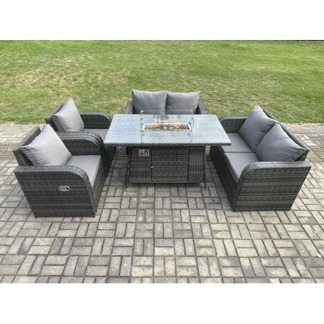 Fimous Rattan Gartenmöbel Sofa Set Gas Feuergrube Esstisch Gasheizung mit Liebe Sofa Recling Stuhl 6 Sitzer Dunkelgrau Gemischt (1/5)