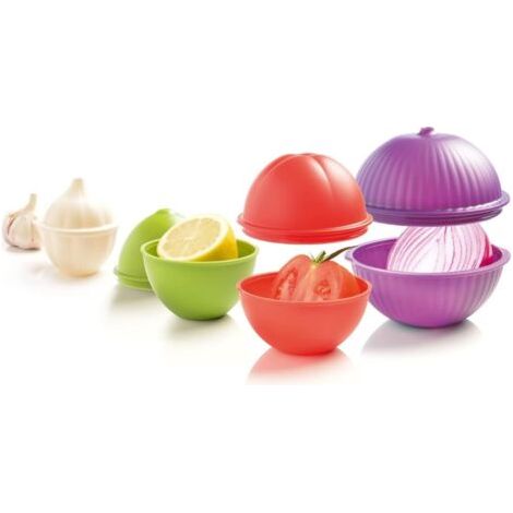 MASTRAD - Boîtes de rangement pour légumes - Lot de 4 (formes ail, oignon, citron, tomate) - Empilables - Compatibles lave-vaisselle - F91354, Vert (1/4)