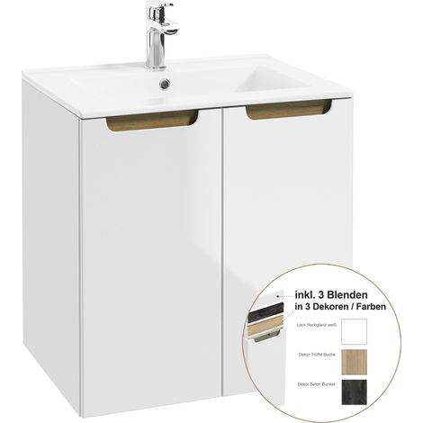 Waschtischunterschrank 60cm mit Waschbecken SOFIA-107 in weiß, Hochglanz lackiert, B/H/T: ca. 61/61,5/46 cm (1/5)