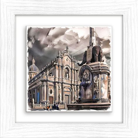 Lupia - Quadro moderno con paesaggi e localismi italiani, Ceramica e Stampa Rilievo, Cornice Legno Shabby Modern bianca, Decorazione Parete, Quadretti Soggiorno, 29x29 cm, CATANIA PIAZZA DUOMO (1/4)