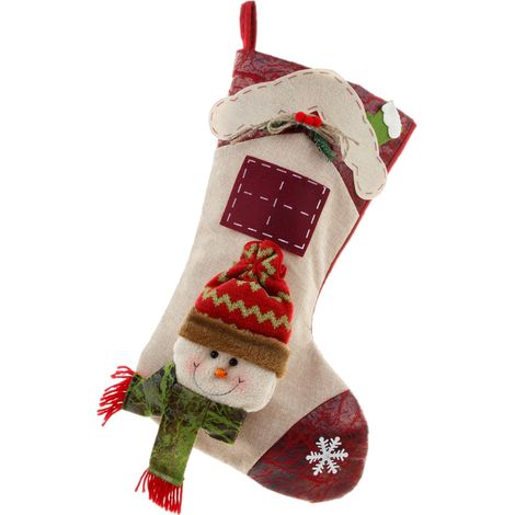 Calcetín Navideño Santa Claus - Tejido de Lino y Fieltro - 47 cm x 23 cm - Para Chimenea Árbol y Decoración - Unidad (1/5)