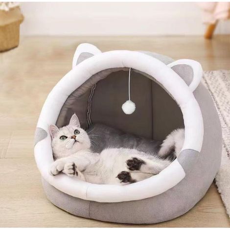 (Gris, L) Lit pour Chat, Niche pour D'intérieur, pour Grotte De Maison, Panier pour Semi fermé, Niche Douillette pour avec Jouet Suspendu Et Coussin Amovible Lavable Rembourré (1/5)