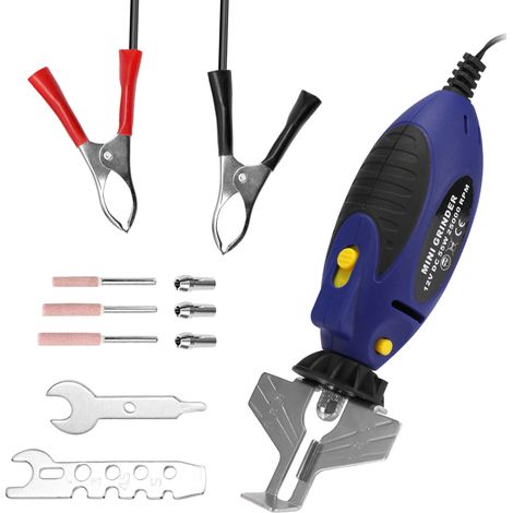 Afilador de cadena eléctrico para motosierra de 12 V y 55 W, compacto y portátil, con 3 muelas abrasivas de 4 mm/4,8 mm/5,5 mm de diámetro, 25000 rpm, color azul/negro. (1/5)