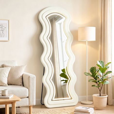 Miroir Pleine Longueur Ondulé 160 x 60 cm, LED 3 Couleurs, Cadre Effet Velours, Verre Trempé HD, Crème (1/5)