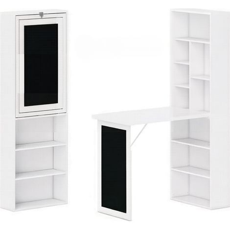 Klappbarer Wandschreibtisch mit Bücherregal 9 Fächern Tafel und Kippschutz für Büro aus MDF und Holz Schwarz Weiß (1/5)