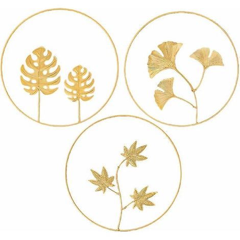 (dor) Lot De 3 Sculptures Murales En Fer En Mtal Rond Feuille Mur Statue Naturelle Ginkgo Feuille Art Suspendu Dcoration Maison Htel Dcoration (1/5)