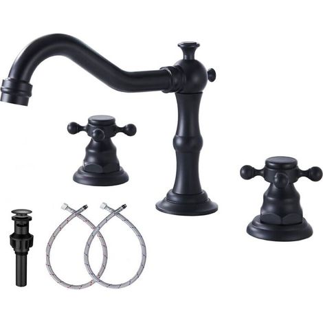 Robinet de salle de bain noir GGStudy Faucets Lavabo de salle de bain 2 poignées 3 trous Robinet de salle de bain largement répandu de 8 pouces avec ensemble de vidange et tuyau (1/4)