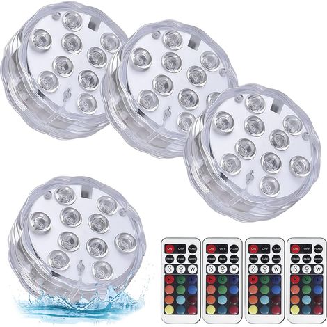 Lot de 4 lumières submersibles de piscine avec télécommande RVB avec 16 couleurs, lumières multicolores RVB pour piscine, fontaine, étang, aquarium (1/5)