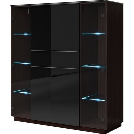 Buffet alto TONGA 123x133x44 cm con 4 porte in vetro e 1 cassetto, colore wengé