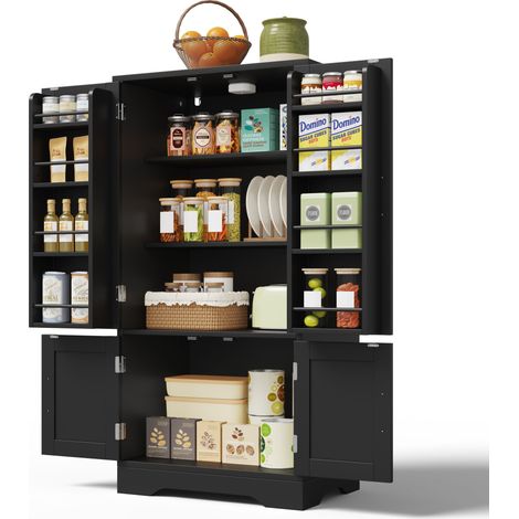 Kuechenhochschrank mit 4 Tueren, 2 Verstellbaren Einlegeboeden, LED und Tuerablagen, aus MDF, 120×60×40 cm (1/5)