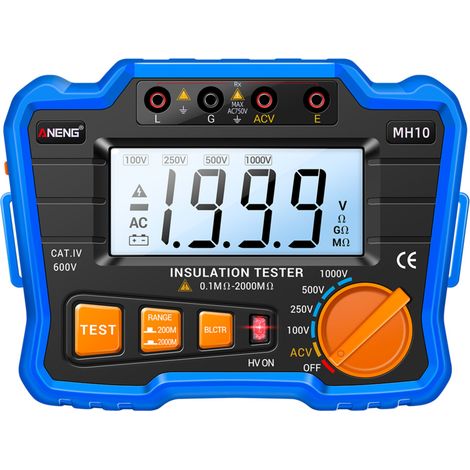 Tester digitale di resistenza di isolamento MH10, intervallo 0,1 MΩ-2000 MΩ, tensioni di uscita 100/250/500/1000 V, schermo LCD retroilluminato.