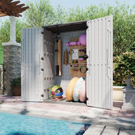Aoxun Garden Storage Box Resin, Resin Storage Shed, Tall Narrow Garden Storage Shed, Vertical Cabinet for Long Tools, 64 Cu.Ft, Grey-White (1/5)