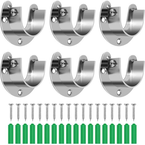Ensemble de 6 supports de tringle à vêtements en acier inoxydable, douilles robustes en forme de U pour tringles de 3,2 cm, antirouille, 18 vis/ancrages. (1/5)