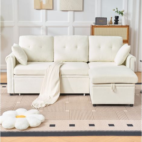 Sofá chaise longue convertible 206x130x85 cm de chenilla beige con almacenaje – MEUBLIV (1/5)