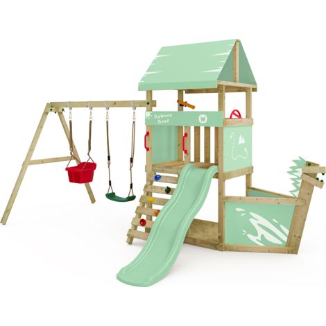 Wickey Klettergerüst Spielturm DinkyHouse für Kleinkinder mit Rutsche und Schiffsnase - Pastellgrün