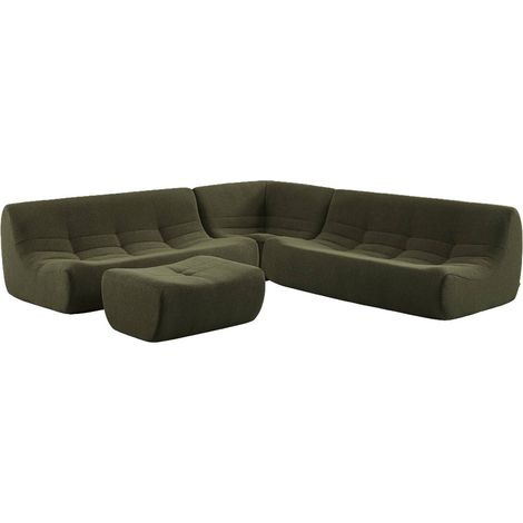 sweeek - Modulares Ecksofa für 7 Personen mit strukturiertem Bouclé-Bezug und Hocker, Strukturiertes  Bouclé, Khaki