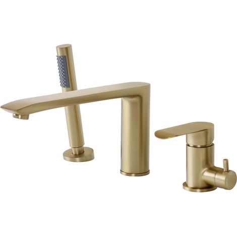 Robinetterie de Baignoire 3 Trous, Mitigeur Baignoire 3 Trous avec douche, Robinet de baignoire avec Inverseur, Or Brossé PTBG11E (1/5)