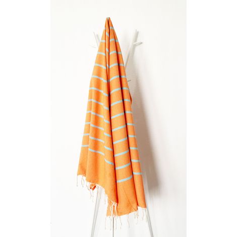 Fouta 100x200 Orange Rayures Turquoise - 100% coton - franges
