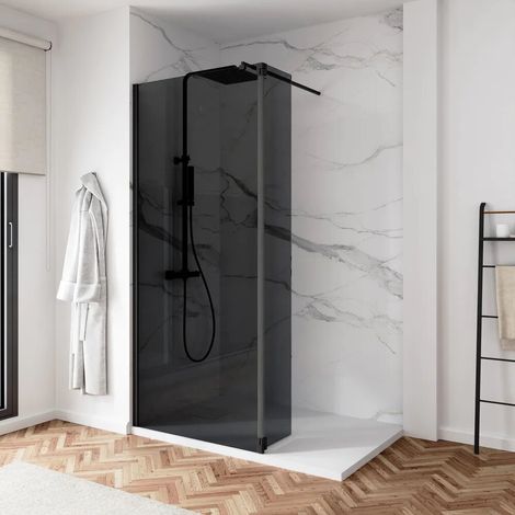 Cabine de douche à l italienne 110 cm porte de 40 cm verre fumé de 8 mm profilés noirs Keros (1/4)