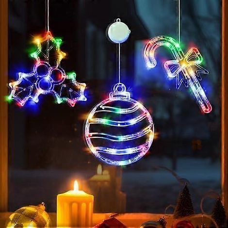 Guirlande lumineuse de Noël LOLStar pour fenêtre - Lot de 3 boules multicolores, houx et canne de Noël avec ventouse, minuterie et fondu progressif - Fonctionne sur piles (1/4)