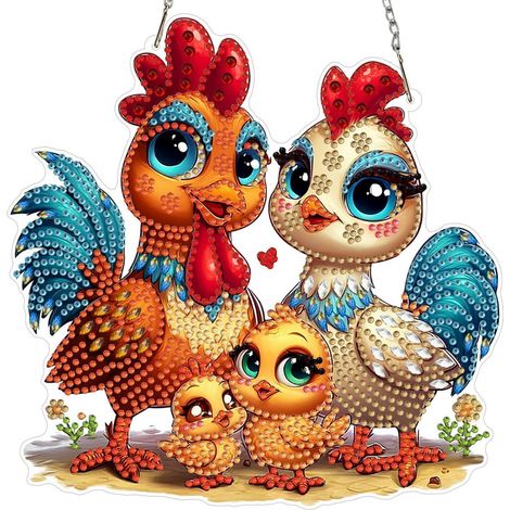 Pendentif 5D Diamond Painting Famille de poules, Kit de bricolage pour fenêtre avec diamants spéciaux