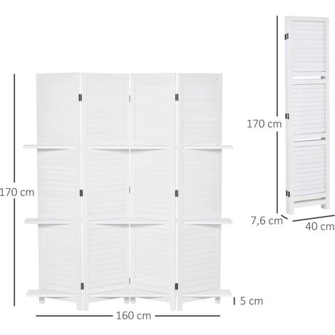 Paravent intérieur en bois 4 panneaux 160 x 170 cm, séparateur de pièce pliable avec 3 étagères, cloison de séparation pour salon, chambre à coucher, maison, blanc (1/5)