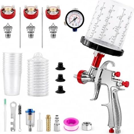 Pistolet à peinture, kit premium de pulvérisateur d'air LVLP avec 10 gobelets jetables, 3 buses 1,3 1,7 2,0 mm, pistolet à peinture en aérosol de voiture pour maison de meubles automobiles (1/5)