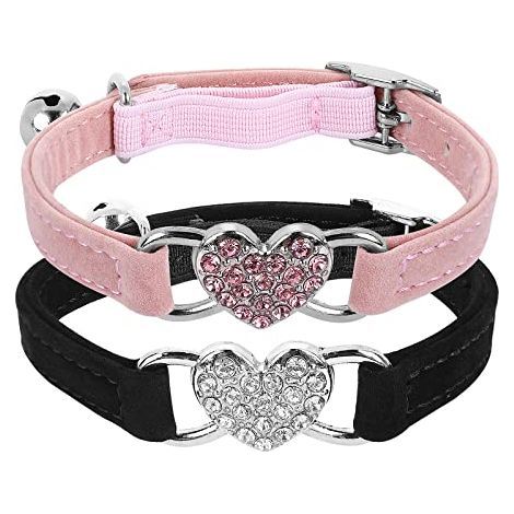 Bling Heart - Collier pour chat - Avec cloche - Réglable - Avec ceinture de sécurité - Strass - Pour petits chats et chiens - Rose - Noir et rose (1/4)