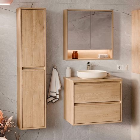 Waschtisch-Set mit Aufsatzwaschbecken 60 cm Hochschrank und Spiegelschrank Edmé Bois (1/5)