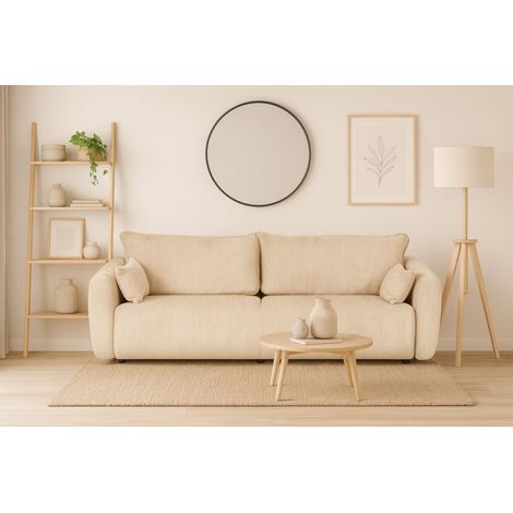 Sofa 3-Sitzer mit Schlaffunktion RUDEN in Stoff Raven Creme (1/5)