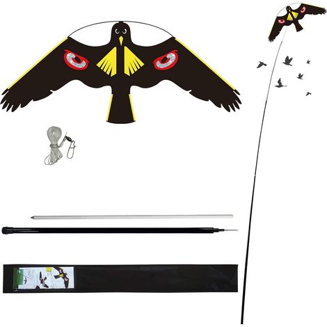 Cerf-Volant Répulsif Oiseaux - Épouvantail Rétractable - Dragon Faucon Volant - Oiseaux Pour Jardin Et Ferme - Cerf-Volant Oeil Réfléchissant (Gravure Laser) 12852cm (Mât Télescopique 4M) Epouvantail (1/5)