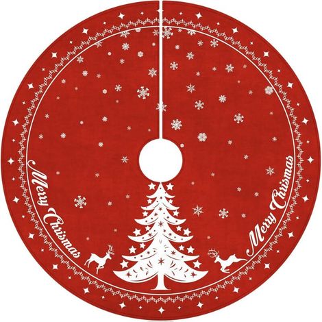 Weihnachtsbaumabdeckung, 122 cm roter runder Weihnachtsbaumüberzug, Weihnachtsdekoration mit Hirsch und Schneeflocke für Zuhause - Crezuo