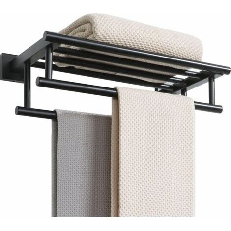 Porte-serviettes, grand porte-serviettes avec double barre porte-serviettes pour salle de bain et WC, porte-serviettes mural en acier inoxydable SUS 304 de 40 cm, noir mat