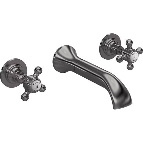 Hudson Reed White Topaz Crosshead 3-Hole Basin Mixer Tap Wall Mounted - Brushed Pewter (1/2)