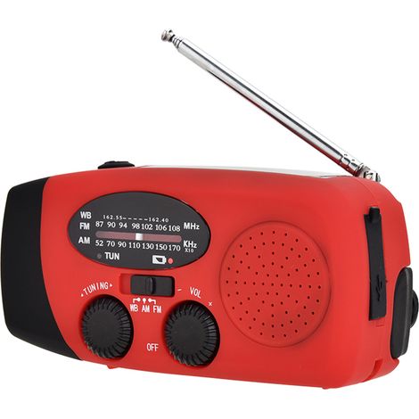 Radio portable AM/FM avec météo NOAA, lampe torche solaire, lampe de lecture et fonction manivelle. (1/5)