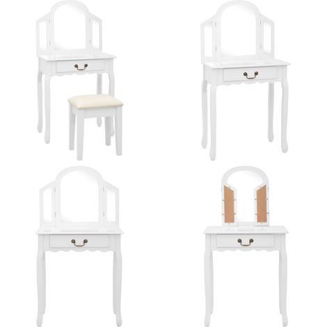 Coiffeuse et tabouret Blanc 65x36x128 cm Bois de paulownia MDF - Coiffeuse Blanche - Meuble Salle De Bain - Vanity Table - Commode Maquillage - Miroir Rond - Home & Living (1/5)