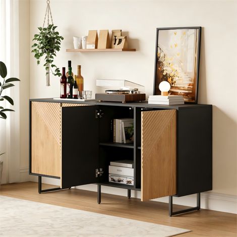 Buffet bas pour salon (160 x 40 x 75 cm), meuble TV avec 4 portes, armoire en bois naturel et noir, placard à 3 pieds, largeur 160 cm, rangement élégant. (1/5)