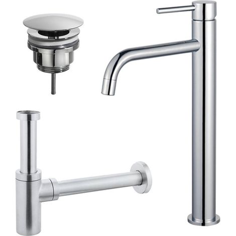 FugaFlow Eccelente Sobrado Slim Slim Kit mitigeur lavabo - robinet rehaussé - bonde nonobturable - siphon design - Chrome brillant (1/4)