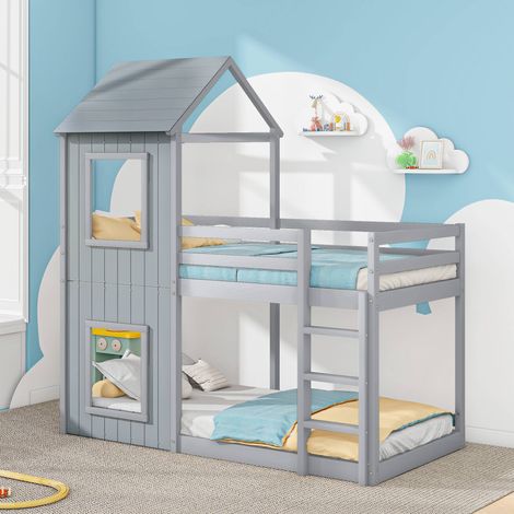Lit cabane superposé enfant 90x200 cm en bois massif, lit maison avec échelle et ciel de lit, barrière de sécurité, sans matelas, gris (1/5)