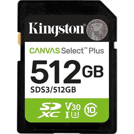 Kingston - kingston technology 512gb sdxc canvas select plus gen3 150mb/s c10 uhs-i u3 v30 - sds3512gb -