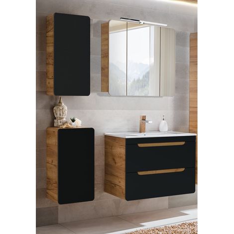 Badezimmer Set in seidenmatt anthrazit mit Wotan Eiche Nb. NEW-LUTON mit 81 cm Keramik-Waschtisch & LED-Spiegelschrank, B/H/T ca. 130/200/46 cm (1/5)