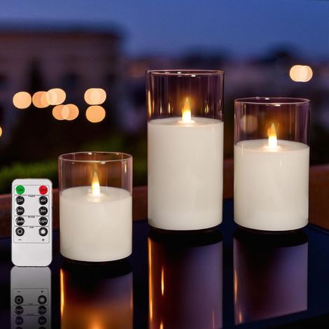 Bougies sans flamme en verre transparent, à piles, avec minuterie à distance, bougies piliers LED en cire véritable avec flamme vacillante, fausses bougies blanches à extinction progressive pour la dé (1/5)