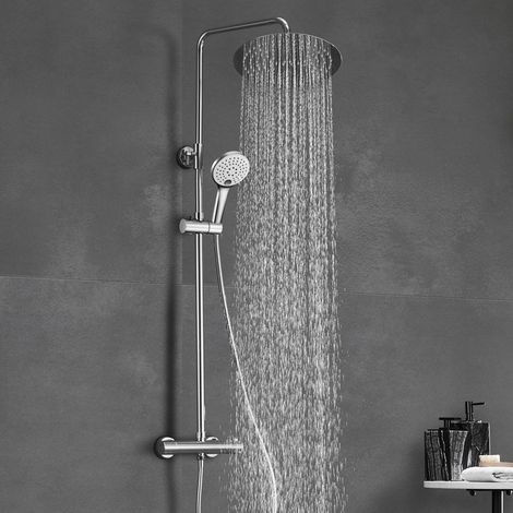 Görbach Duschsäule mit Thermostat – Regendusche rund 25 cm – Handbrause – Höhenverstellbar – Edelstahl Chrom – Wassersparend