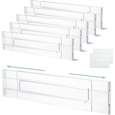 6 Pièces 27,5 52cm Séparateur Tiroirs Réglable Organisateur de Tiroir Transparent Tiroir Extensibles pour Vêtements Coiffeuse Garde robe Cuisine Taille (1/5)