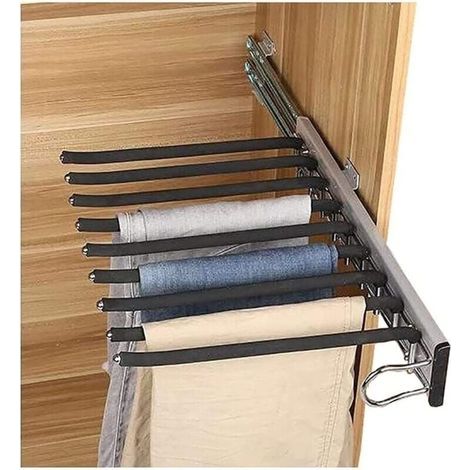Cintre porte-pantalon coulissant en acier inoxydable – 9 tiges antidérapantes – Dimensions 46x32.6cm pour armoires ≥35cm (1/5)