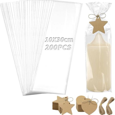 200 Pcs 4x12 inch Cellophane Candle Bags with 200pcs Kraft Paper Gift Tags and String for Candles, Candy, Cookies, Wedding Packaging, Party, Valentine's Day (1/5)